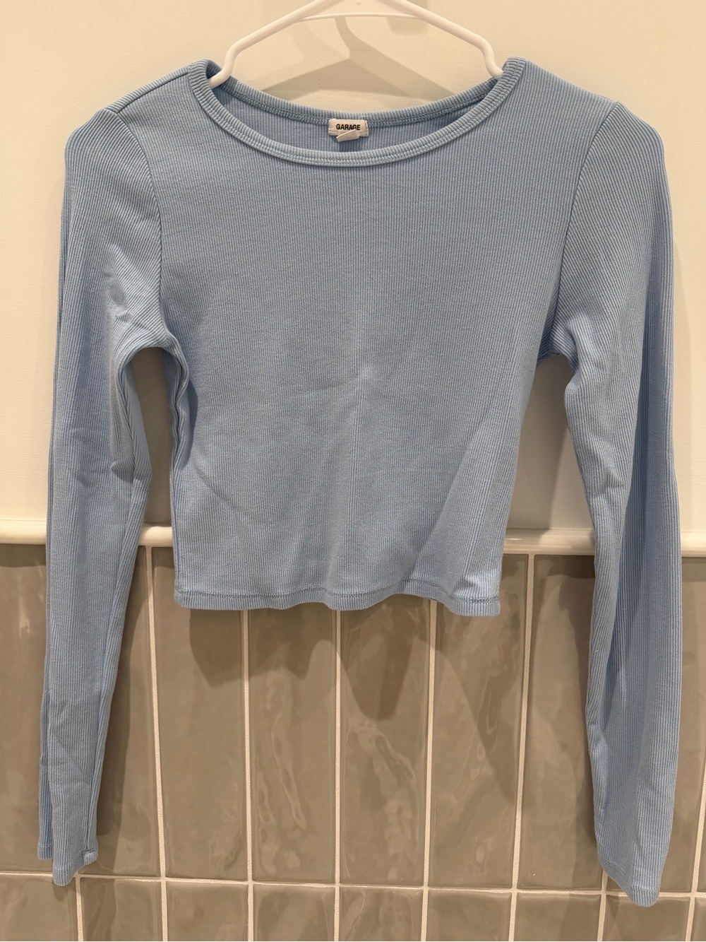 Light Blue Ribbed Long-Sleeve Crop Top